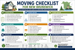 Printable Moving Checklist for New Brunswick infographic with moving timeline, packing checklist, and moving day planning guide