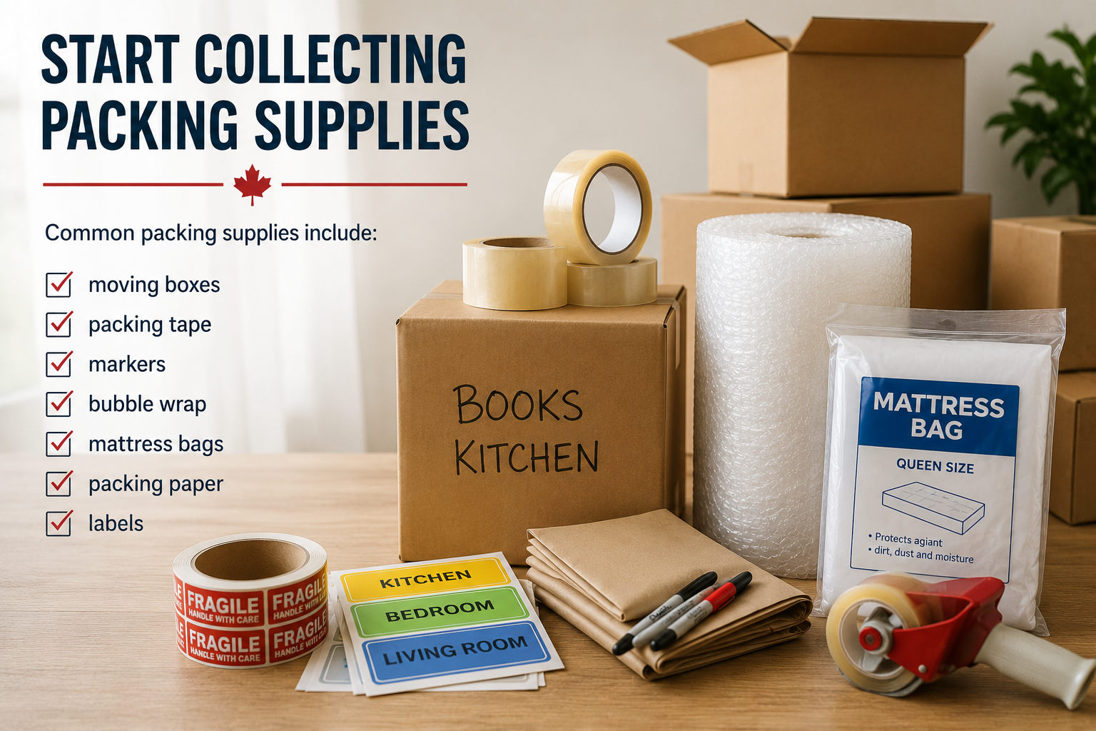 Packing supplies including moving boxes, packing tape, bubble wrap, mattress bags, packing paper, markers, and labels