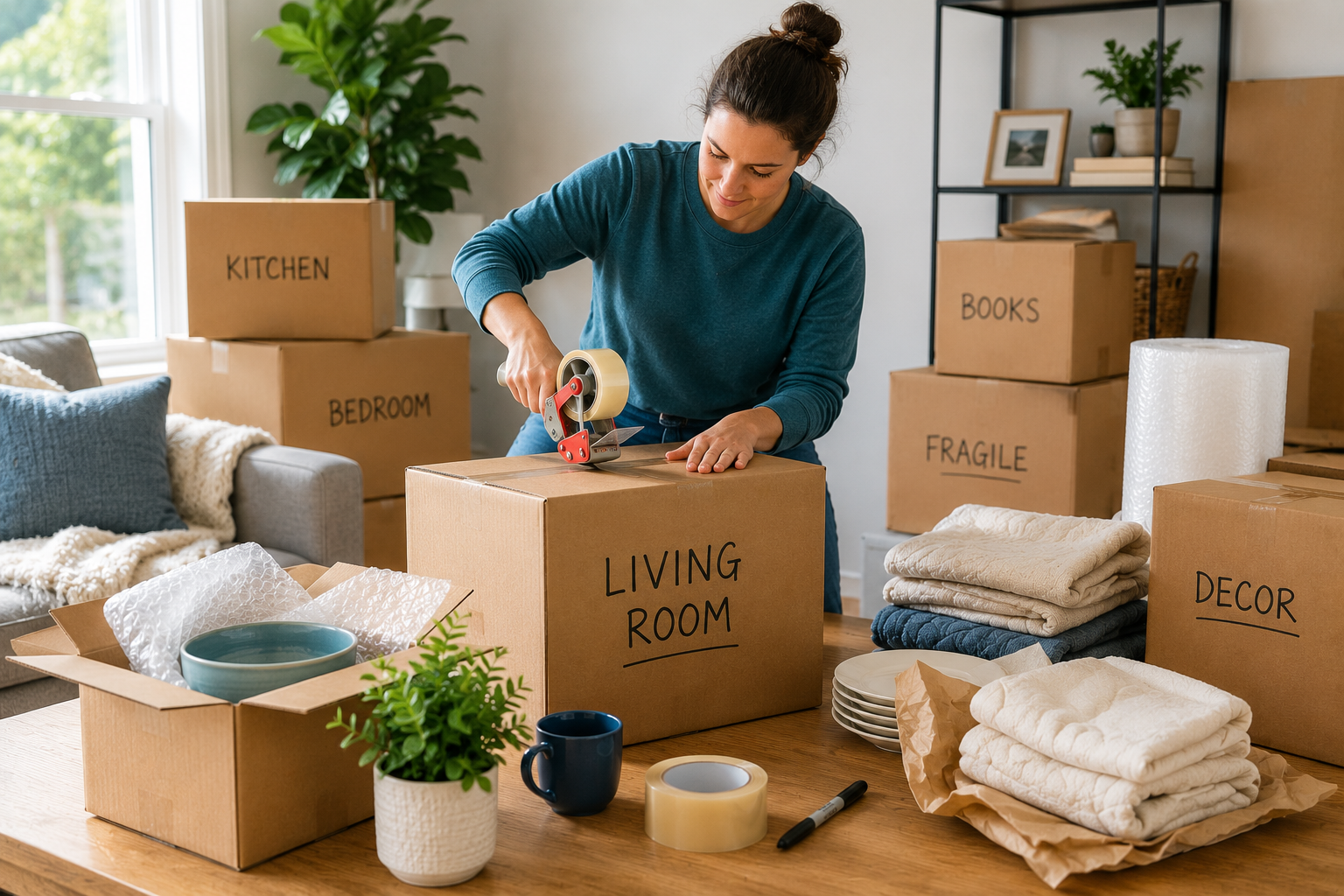Packing a room as part of a moving checklist in New Brunswick using labeled boxes and packing materials